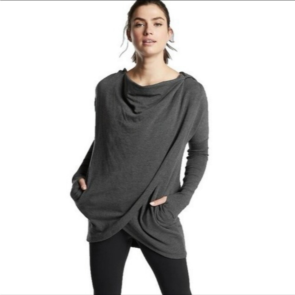 ATHLETA Sweatshirt M Purana Wrap Hoodie Draped Pullover Modal Blend Charcoa Gray
